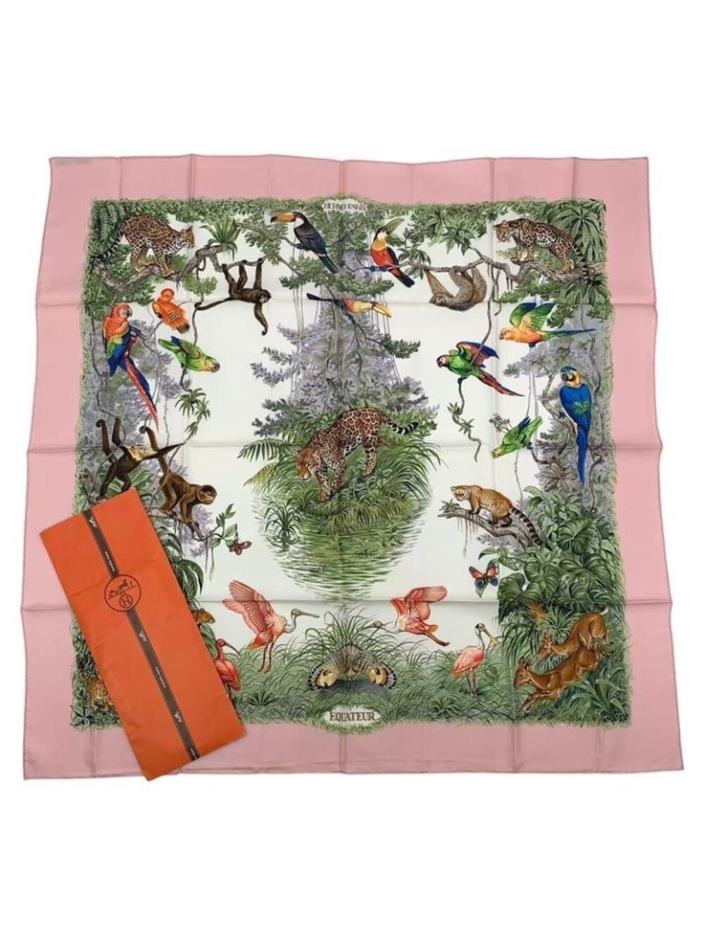 Hermes Scarf Carre 90 Equateur Equatorial Animal Bird Allover Silk Pink Bag